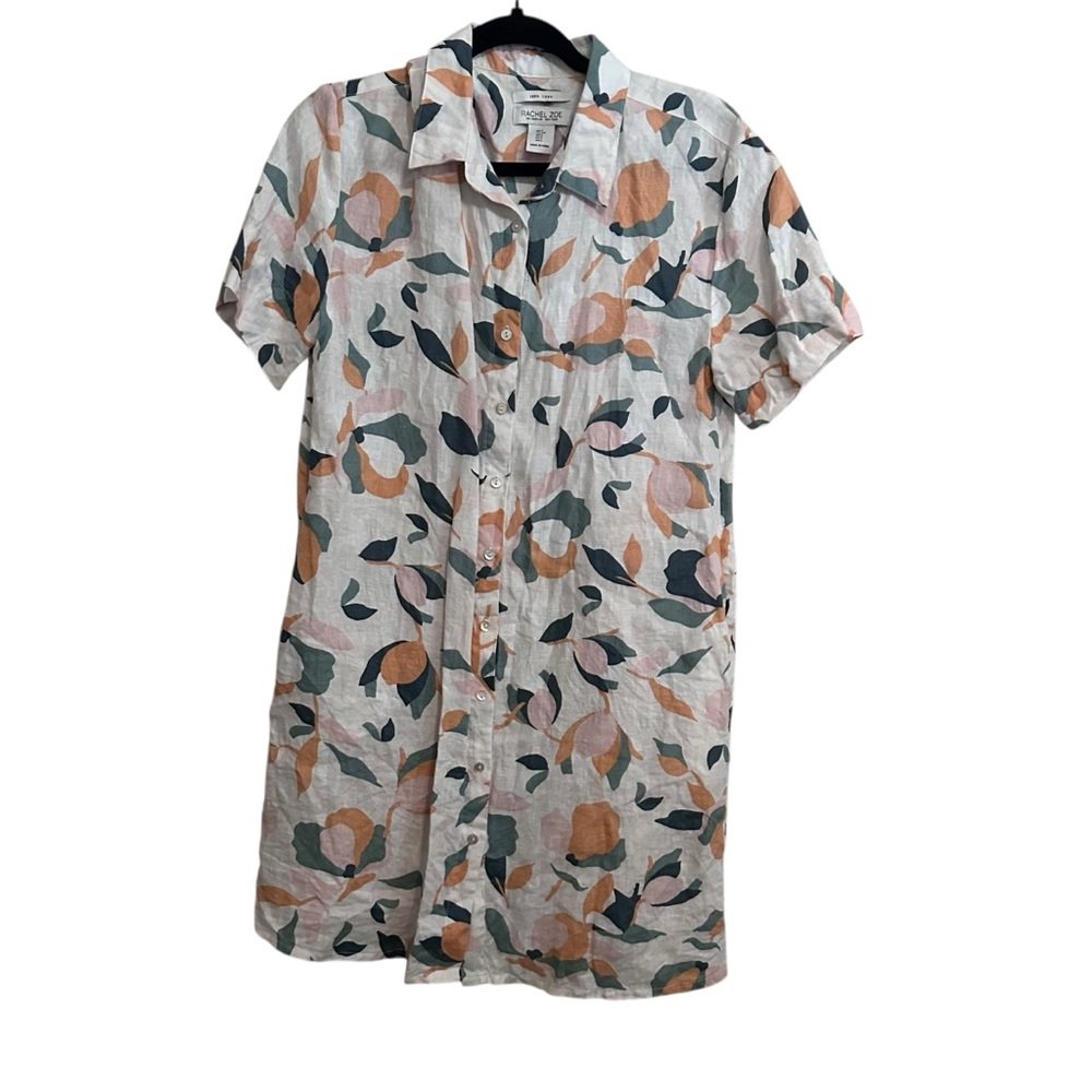 Rachael Zoe 100% Linen Floral Button-Down Short Sleeve Shift Dress Size S
